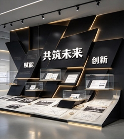 业展厅形象墙｜立体几何切割墙面 + 巨型字雕塑，高级黑金展陈
